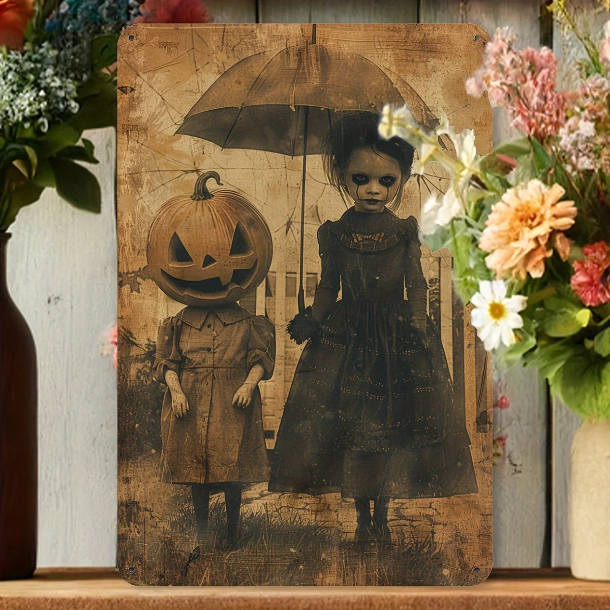 2D Flat Halloween Pumpkin & Girl Retro Metal Tin Sign - Spooky Holiday Iron Foil Engraved Wall Art Decor for Home, Forest, Garde