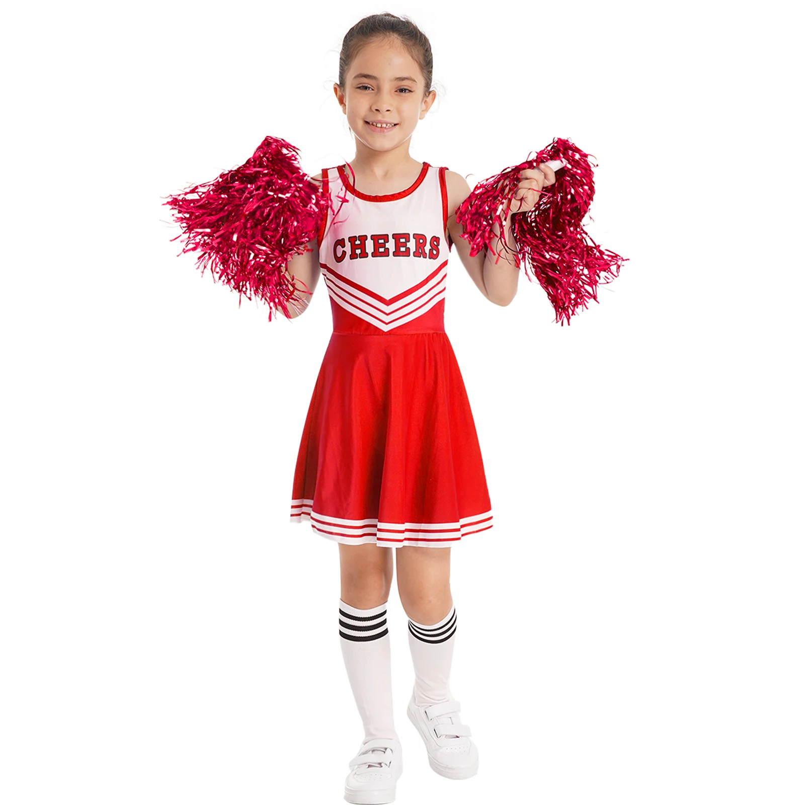 Kids Girls Cheerleading Dance Costumes School Girls Cheerleader Uniforms Cheer Dance Outfit Cheerleading Dress Flower and Socks