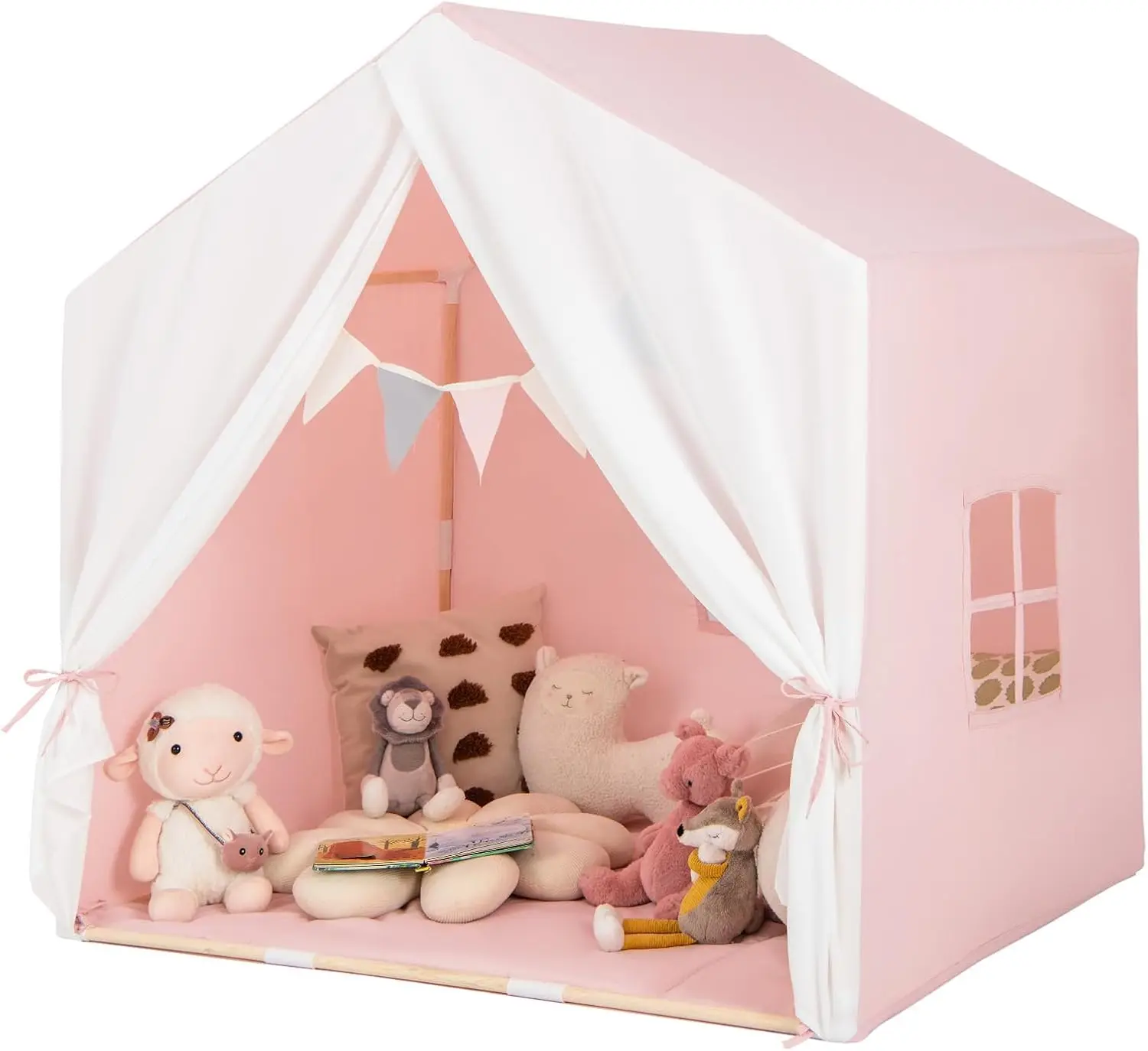 Tenda da gioco per bambini, casette da gioco per bambini con tappetino, finestre, tende, struttura in legno massello, 52"x36"x52", grande Prin per bambini