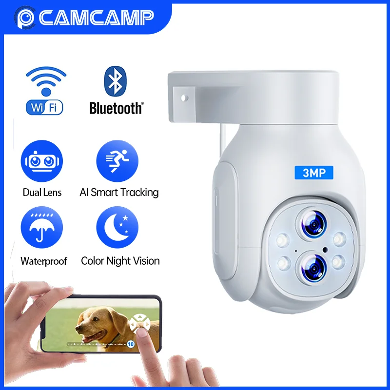 Camcamp WiFi PTZ IP Camera Outdoor 10x Hybrid Zoom 3MP 4mm + 8mm Lens Full Color Night Human Detect Alarm Security Protection