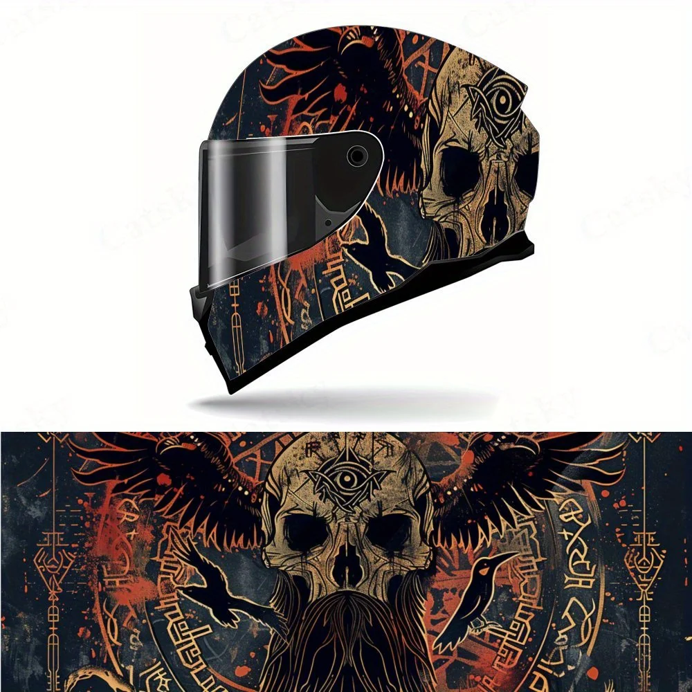 

Nordic Myth Rune and Skull Helmet Vinyl Wraps, Waterproof Scratch-Resistant Full Face Helmet Decals, Durable PVC Artistic Design