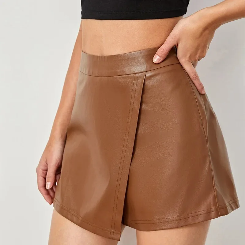 Women's Fashion Asymmetrical Shorts Skirts Vintage Faux Leather High Waist Female Solid Outer Wear Casual Wide-leg Skort Mujer