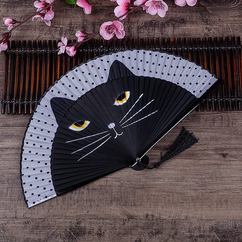 1 Stuk Kat Patroon Bamboe Opvouwbare Ventilator Voor Vrouwen Leuke Cartoon Kat Hand Fan Kimono Badjas Hand Fan Ambachten Decoratie