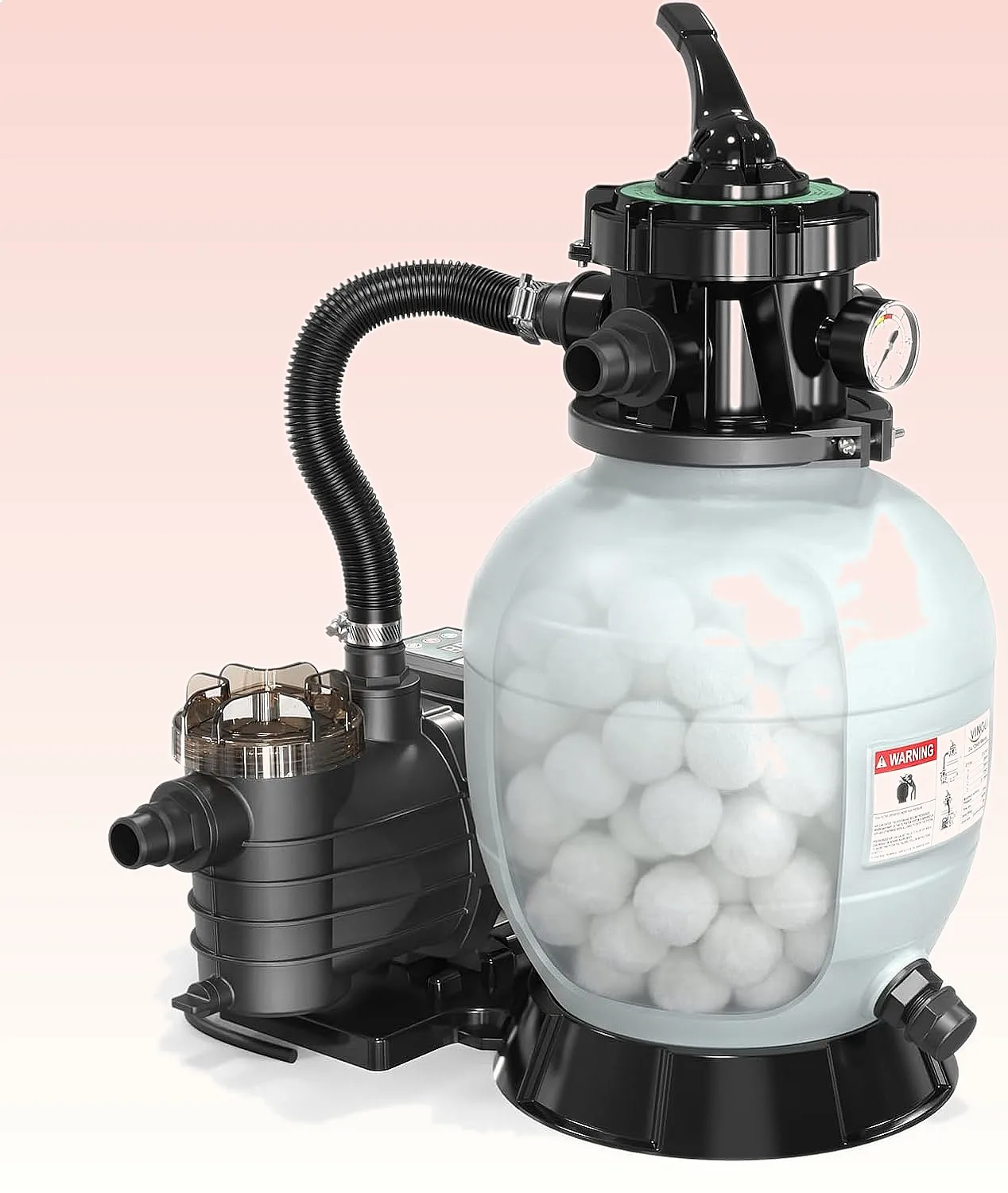Bomba de filtro de arena VINGLI de 12 pulgadas, 1585 GPH, 1/2 HP con bolas filtrantes, temporizador de 24 horas y válvula de 7 vías para piscinas elevadas de hasta 8000 galones