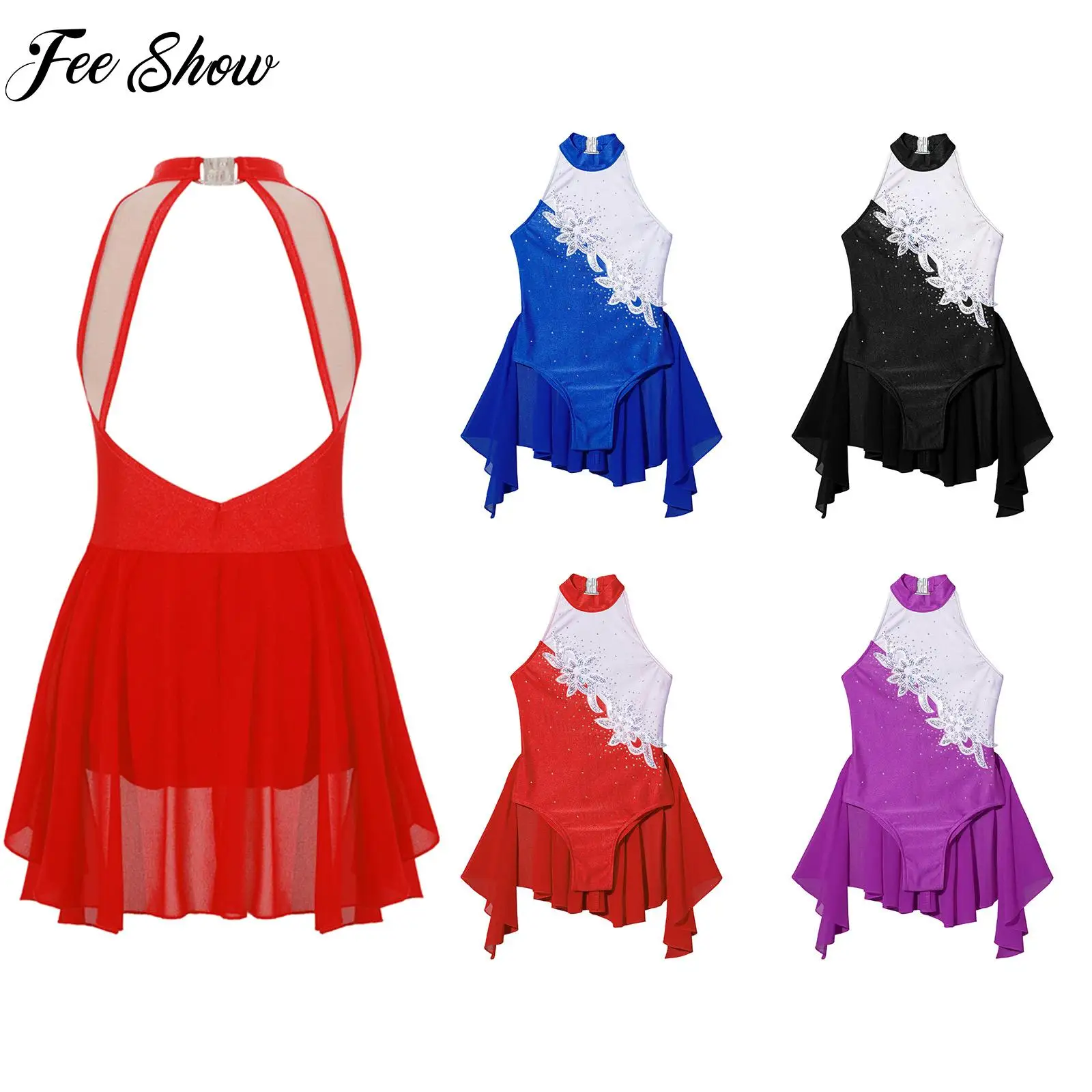 

Youth Girls Ballet Tutu Gymnastics Leotard Lyrical Modern Figure Skating Performance Costumes Rhinestone Floral Chiffon Dresses
