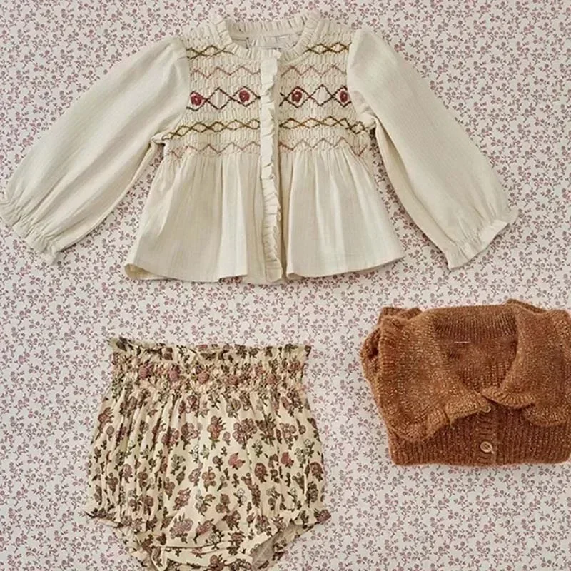 Pré-vente (soleil en octobre), vêtements d'automne pour enfants, chemises à imprimé floral, bébé fille, chemise brodée, jupe, 2024