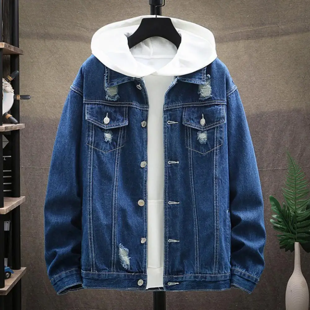 Hooded Denim Jacket Men's Hooded Spring Coat with Color Matching Single-breasted Design Ripped Patch Pocket Casual for Men