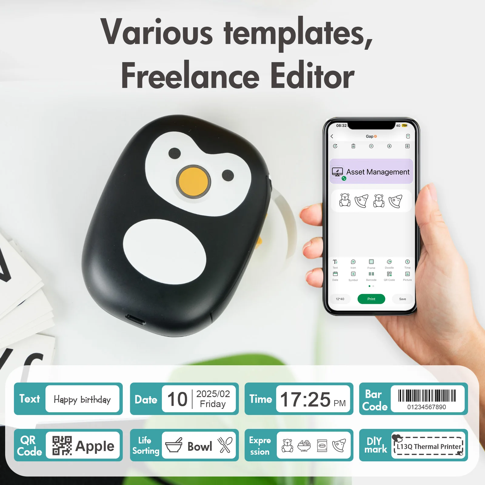 طابعة ملصقات حرارية صغيرة محمولة تعمل بالبلوتوث صانع الملصقات اللاسلكية آلة طابعة بدون حبر مع 1 لفة ورق ملصقات قابل للالتصاق