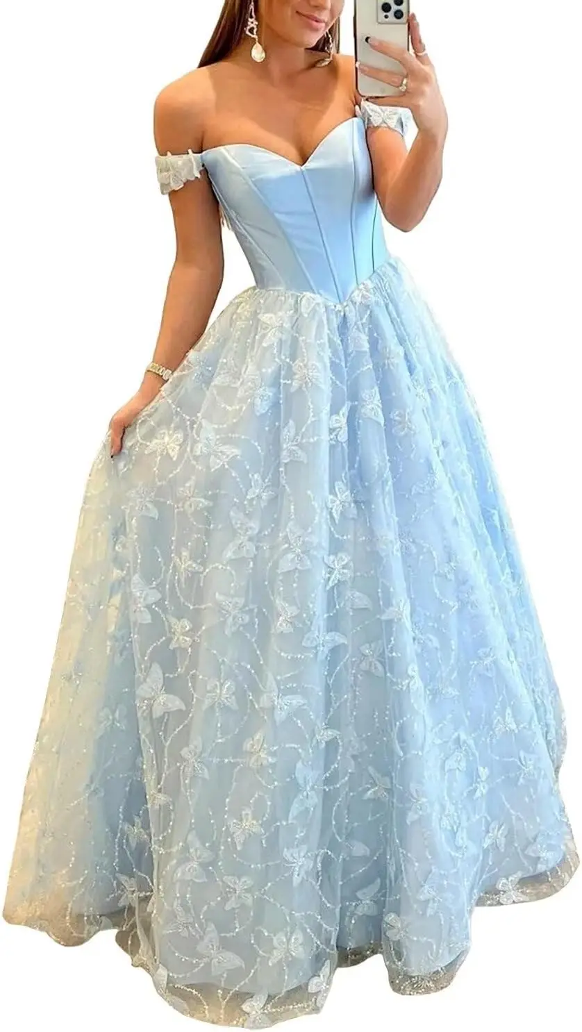 

3D Butterfly Applique Prom Dress for Women Off Shoulder Long Tulle Formal Evening Party Ball Gowns Prom Dresses