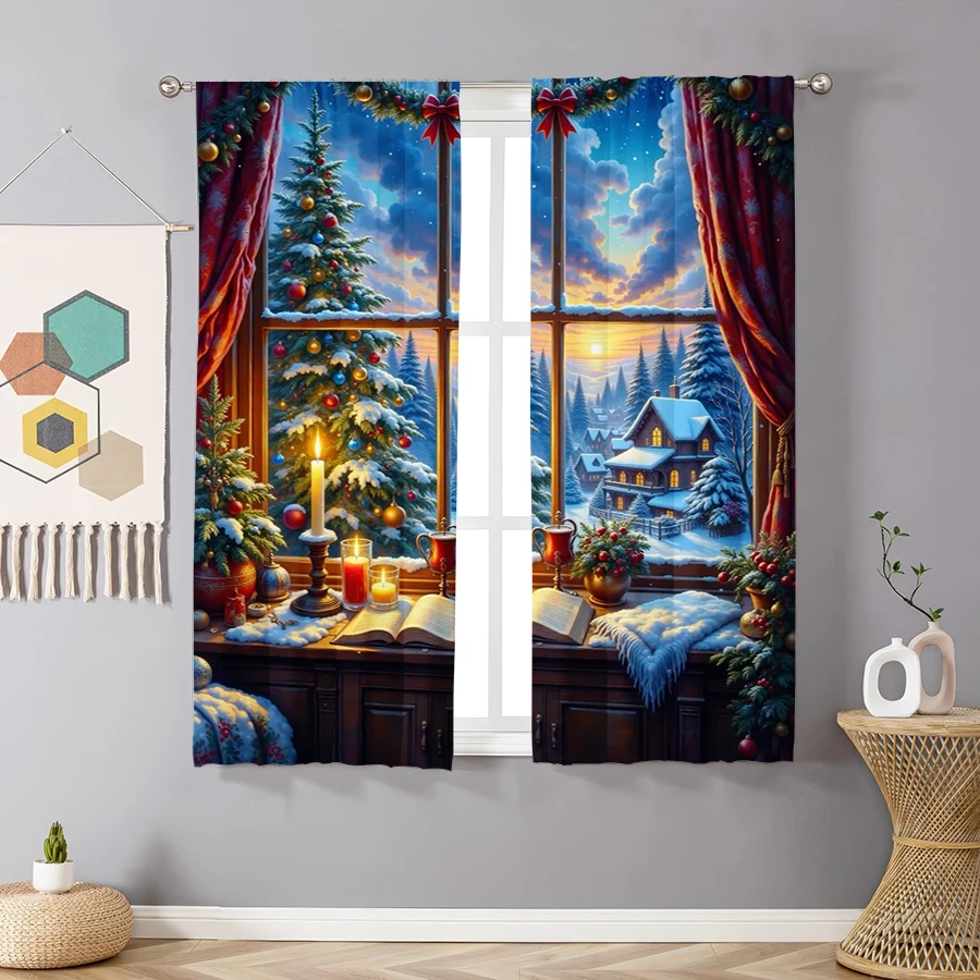 2PCS Christmas Winter Curtains, Window Christmas Town Candle, Digital Print, Bedroom Living Room, Home Decor Window Drapes