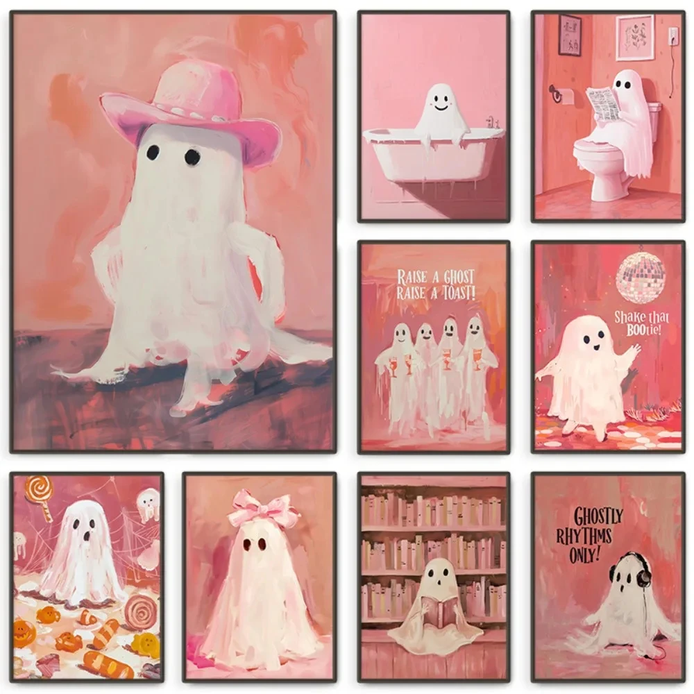 Pink Cute Halloween Ghost Wall Decor Minimalist Funny Bathroom Ghost Poster Home Bathroom Living Room Toilet Decor