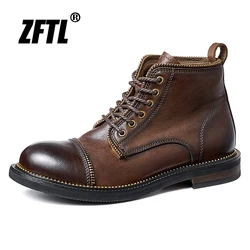 ZFTL Men's Basic Boots Anti-slip retro Men's British style Lace-up head layer cowhide Mid-Top Ankle Boots Men's Tooling Boots