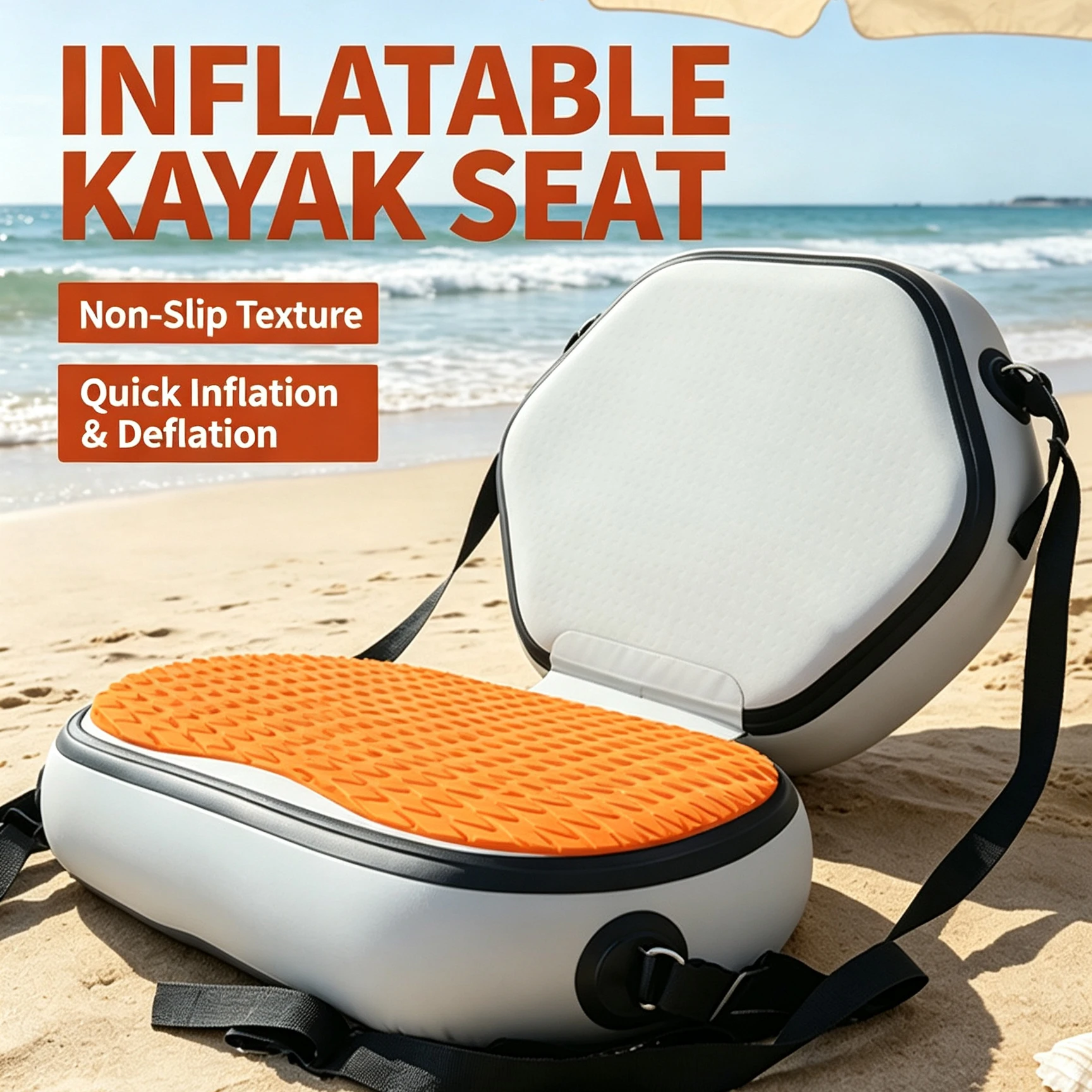 Portable Inflatable Kayak Seat with Back Support, Anti-Slip Cushion, Adjust Webbing & Metal Hooks Seat for Canoe, Paddle Board