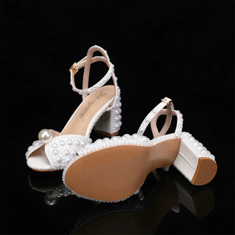Luxury Women's Shoes 2026 New Designer High Heels Thick Heel Shallow Mouth Women's Pearl Sandals Wedding Shoes Bridesmaid Shoes image 6