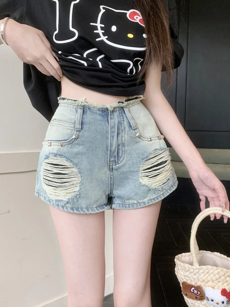 

Y2K High Waist Tassel Broken Denim Shorts Female Summer Korean Version Raw Edge Wide Leg Loose Plus Size Jean Shorts Streetwear