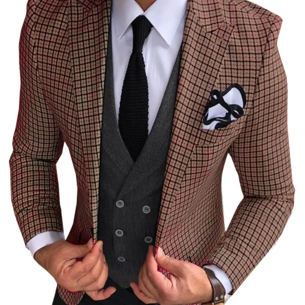 

Men's Plaid Suit 3Pcs Set Slim Fit Prom Party Wedding Groomsmen Groom Suit Tuxedo Fashion Gold Blazer Vest Pants