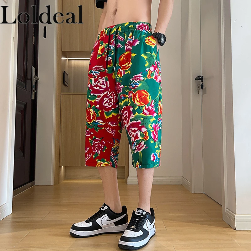 Large Floral Splicing Cropped Pants for Men, Casual Sports Large Size Pants with Ethnic Characteristics