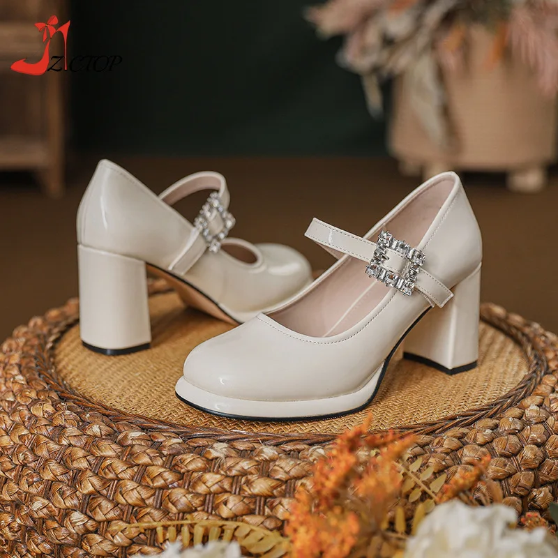 

Elegant Mary Jane Heels with Thick Heel Women Shoes New Rhinestone Buckle Apricot High Heeled Pumps Woman Party Dress Shoes