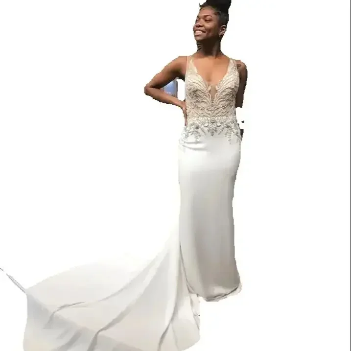 Customized Sexy Deep V Neck Vestido De Novia Mermaid Wedding Dresses With Detachable Train Satin Bridal Gowns