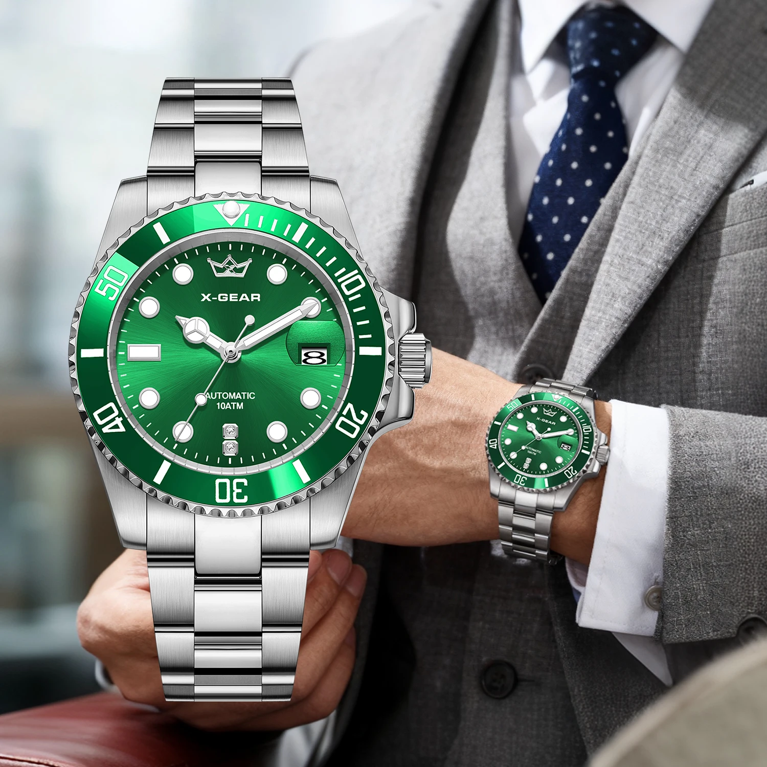 

X-GEARClassic Business Men's Wristwatch with Mechanical Movement, Luxury Large Dial, Stainless Steel, Waterproof, Calendar Clock