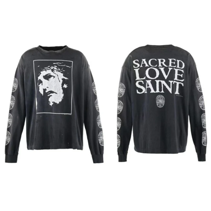 Saint Michael Portrait Print Long Sleeved T Shirts Men Women Love Saint Washed Black Hoodies