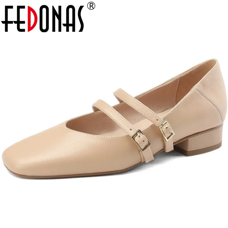 

FEDONAS 2023 Elegant Vintage Women Pumps Spring Office Party Square Toe Low Heels Genuine Leather Classic Mary Janes Shoes Woman