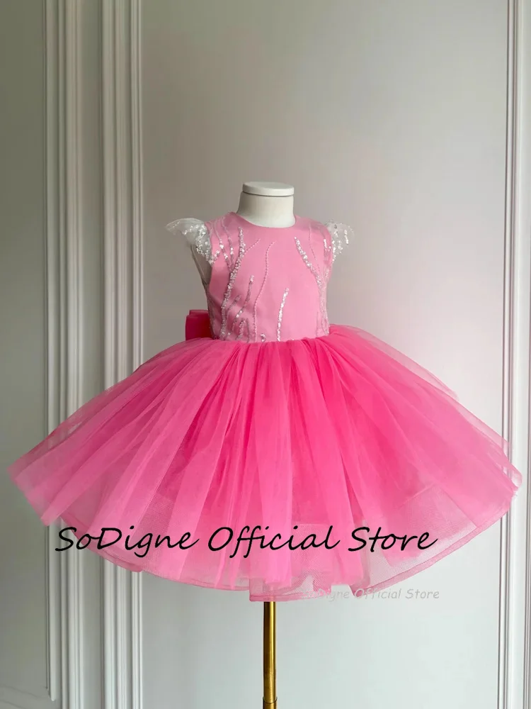 SoDigne A-line Glitter Tulle Flower Girl Dress Sleeveless O-neck Sequined Skirt Girls Party Dresses 2025 Kid Gown Customized