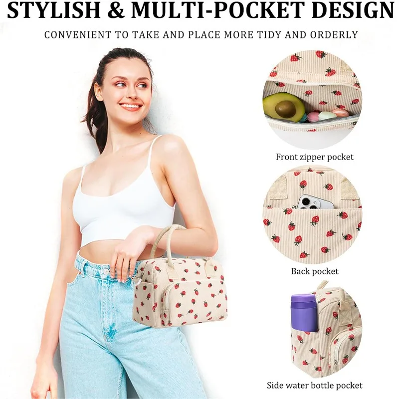Best-selling strawberry print lunch bag, multi-functional and convenient large-capacity lunch box lunch handbag