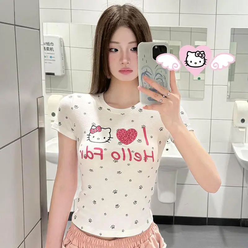

Kawaii Hello Kittys футболка аниме Sanrios с принтом сердца и коротким рукавом, женские летние сексуальные тонкие укороченные топы Y2K, универсальные футболки для девочек