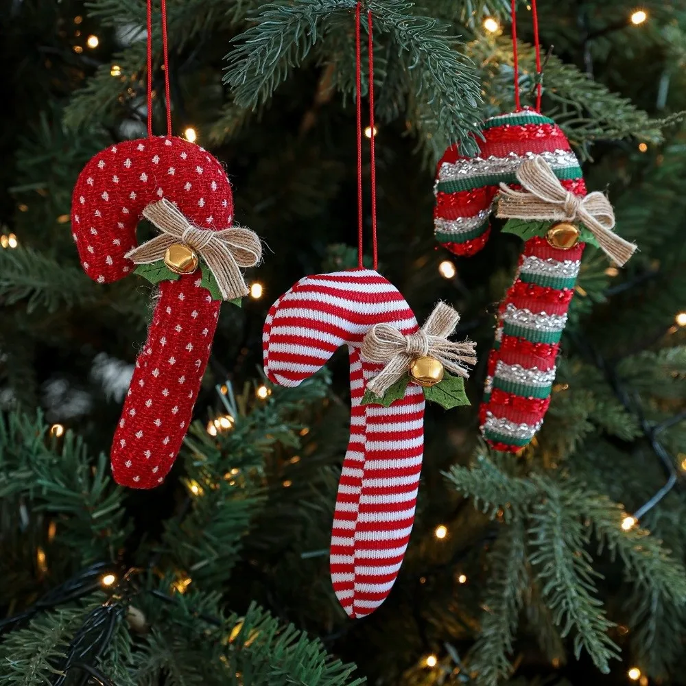 

Red White Christmas Candy Cane Pendan Bell Bow Cartoon Hanging Lollipop Ornament Decortative Cloth Xmas Tree Decoration