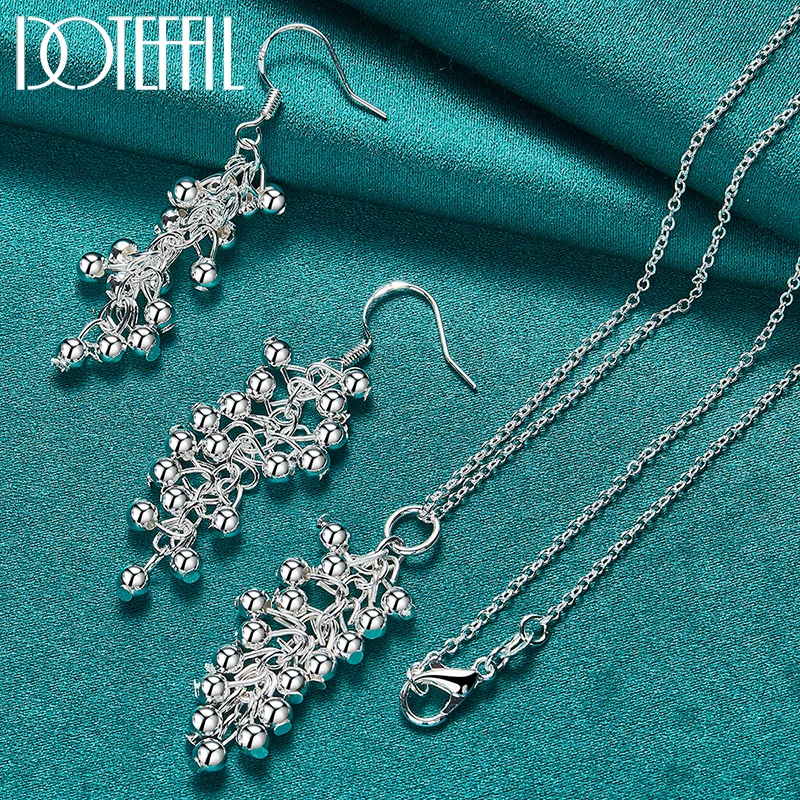 DOTEFFIL 2pcs 925 Sterling Silver Smooth Grape Bead Necklace Earring Sst For Woman Man Wedding Engagement Party Charm Jewelry