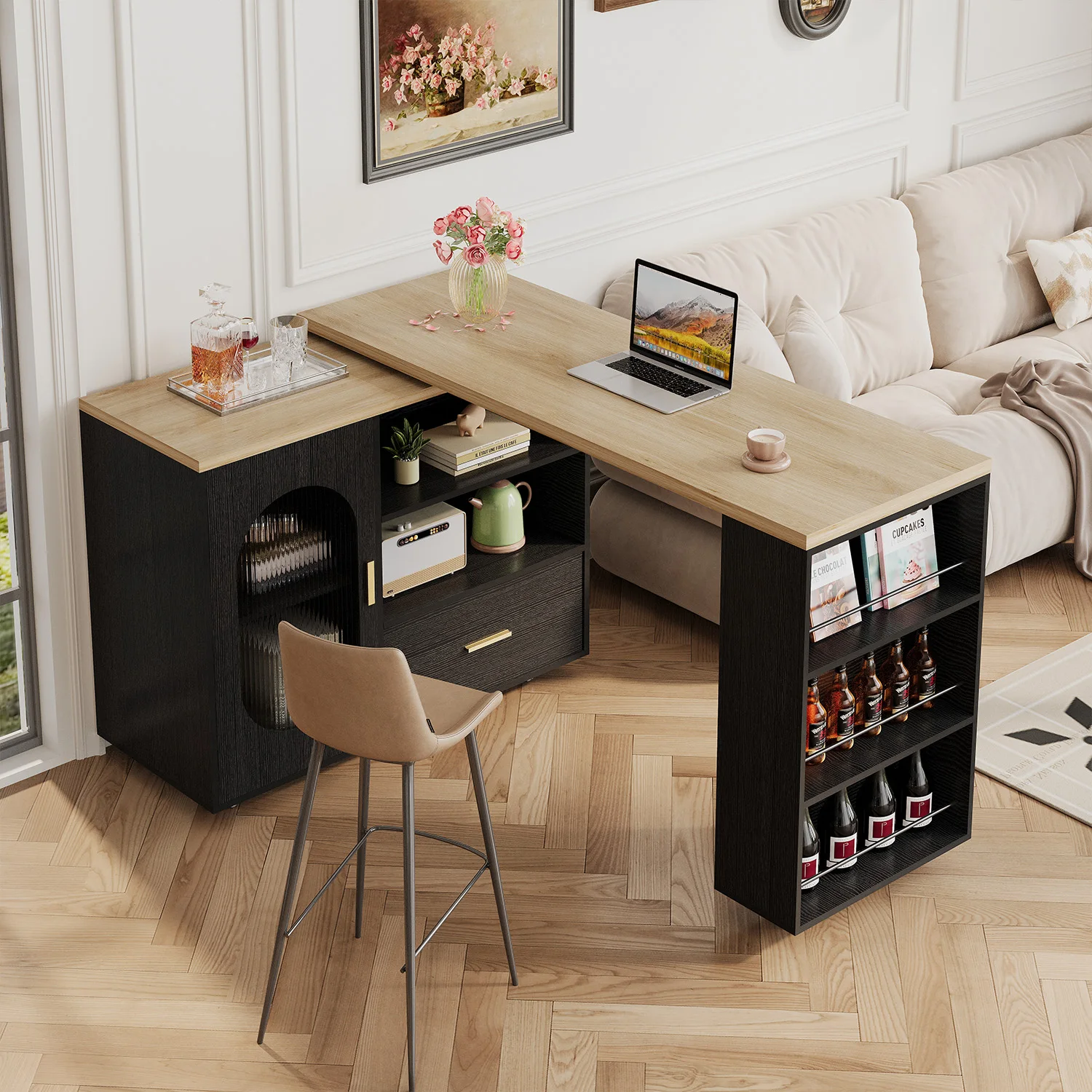 Custom 360°Swivel Kitchen Cabinet with Drawer and Shelves Mobile Kitchen Island with Wheels for Dining Room Home Bar Kitchen