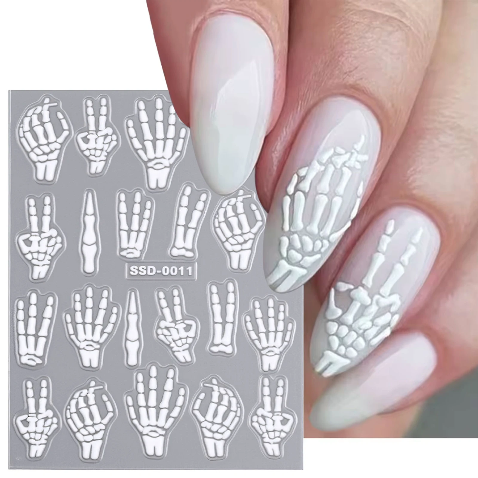 Halloween-Schädel-Nagelkunst-Aufkleber – 5D-geprägt, selbstklebende Aufkleber für DIY-Maniküre und Pediküre, Cartoon-Design, mattes Finish