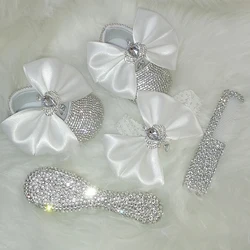 El yapımı yay Rhinestones bebek kız bahar kış ayakkabı Hairband tarak ilk yürüteç Sparkle Bling kristaller prenses duş hediye