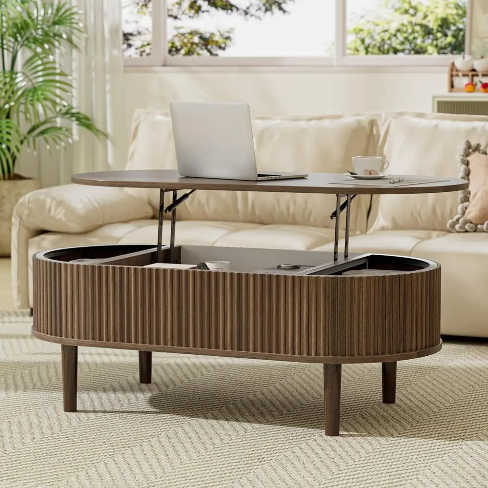 

Журнальный столик Luted Top со скрытым отделением, 39-дюймовый прямоугольный овальный журнальный столик с 3 отсеками для хранения, полностью деревянный, в собранном виде