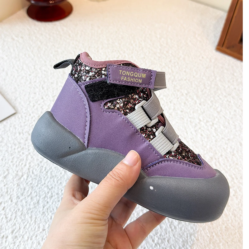 Children's Cotton Boots 3-18 Years Old Sequins Padded Thickened Boys Girls Cotton Shoes Purple Soft Non-slip Kids Snow Boots