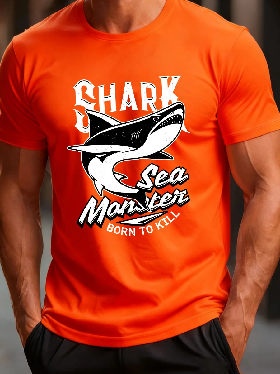 Camiseta naranja de manga corta con estampado de tiburones "Shark Sea Monster Born to Kill", camiseta informal para hombre