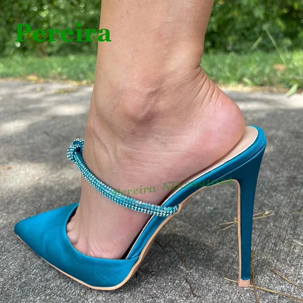 

Бирюзовые атласные туфли-лодочки с острым носком, женская обувь для вечеринок со стразами, женские шлепанцы на тонком высоком каблуке, роскошные уличные туфли