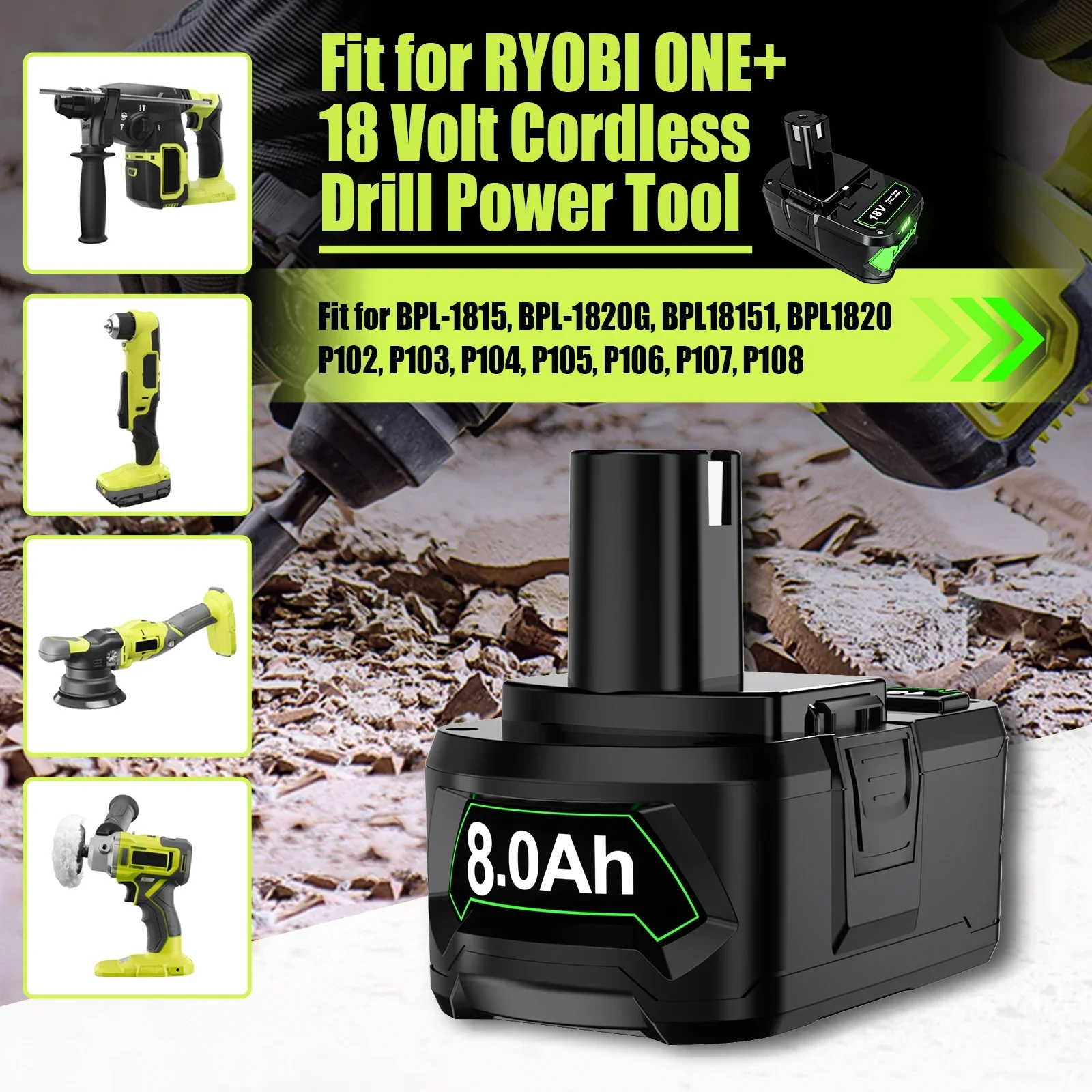 

For Ryobi P108 18V 8.0Ah Battery, Replacement Chargeable Lithium Battery P108 P102 P103 P104 P105 P109 ONE+ Cordless power Tool