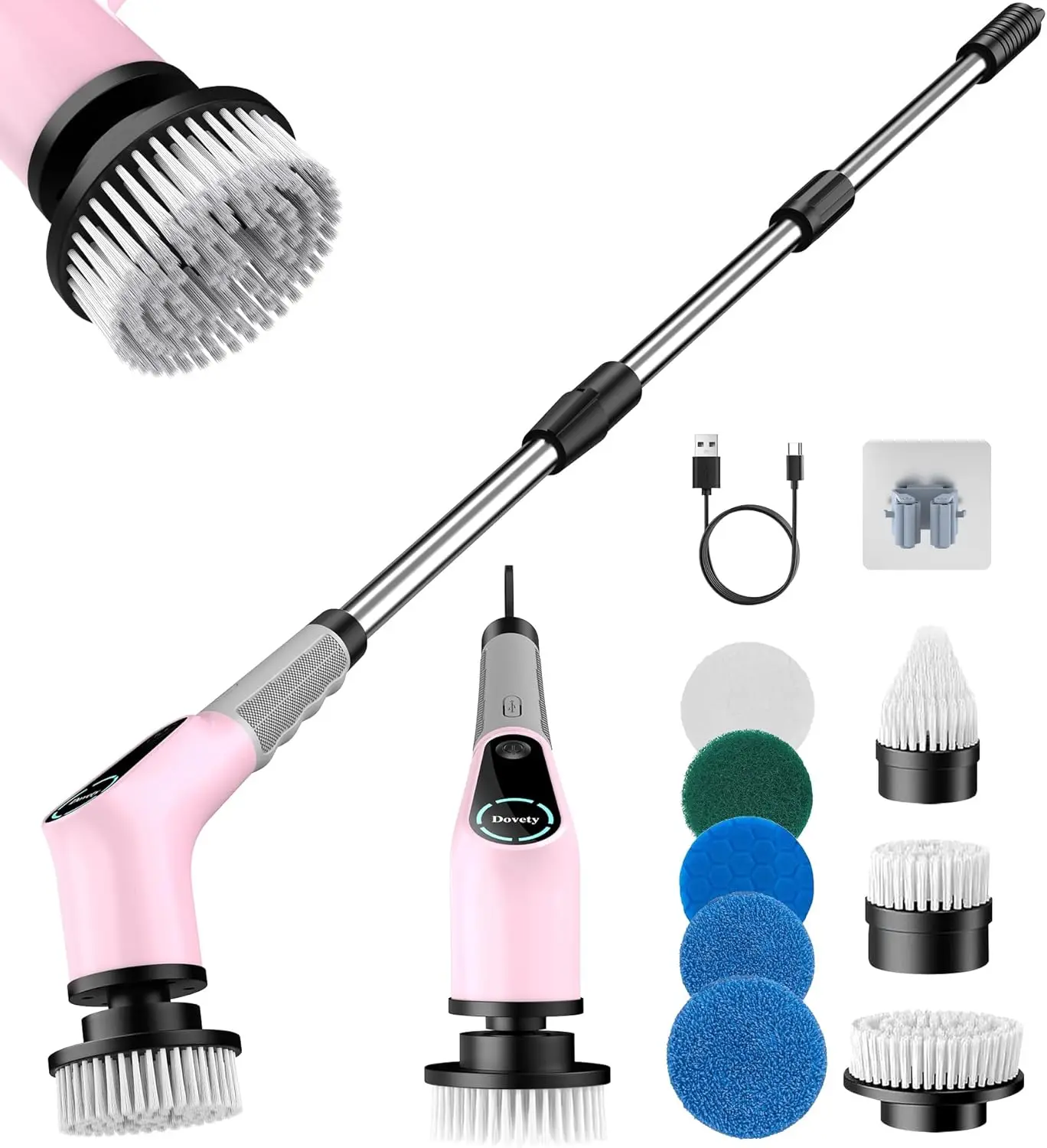 

Cordless Electric Spin Scrubber with 8 Replaceable Heads, Extension Handle, 2 Speeds for Bathtub Tile Floor Cleaning