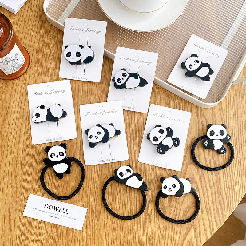 Acetic acid board cute little panda hair clip cartoon broken hair clip cross-border high elasticity tied ponytail hair loop