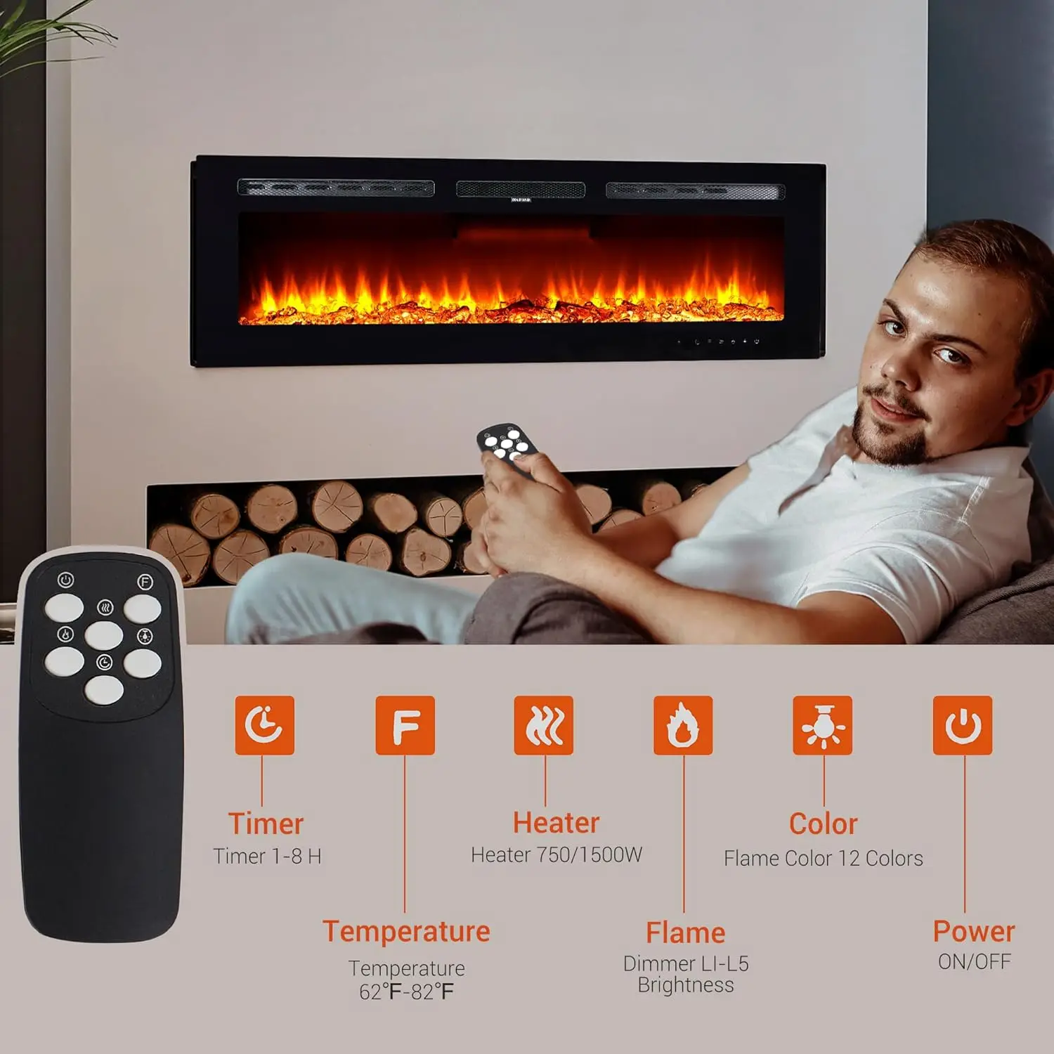 

50 Inch Electric Fireplace, Built-In Wall Mounted Recessed Heater 750/1500W with Remote, Timer, Touchscreen, 12 Flame Colors,Hot