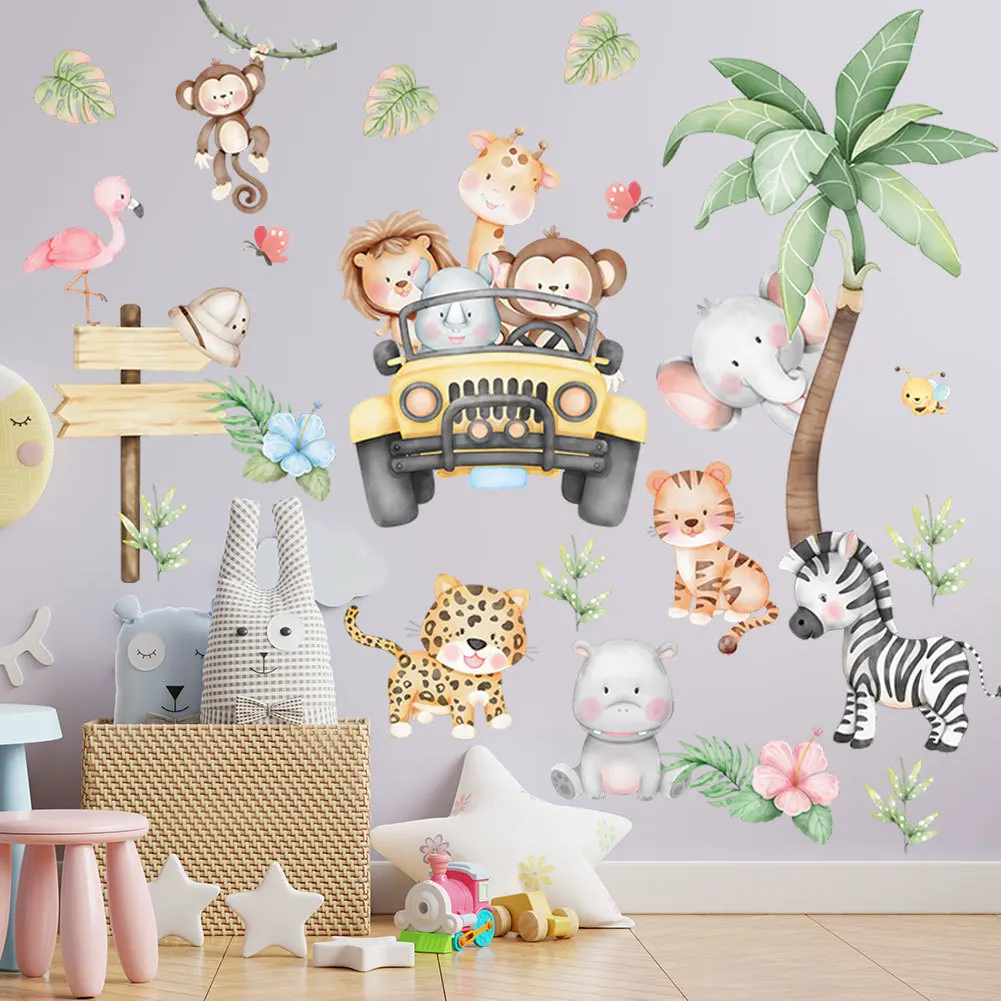 Kawaii Cartoon Forest Animals Wall Stickers for Children Boys Baby Room Decoration Elephant Giraffe Monkey Car Tree Wallpaper