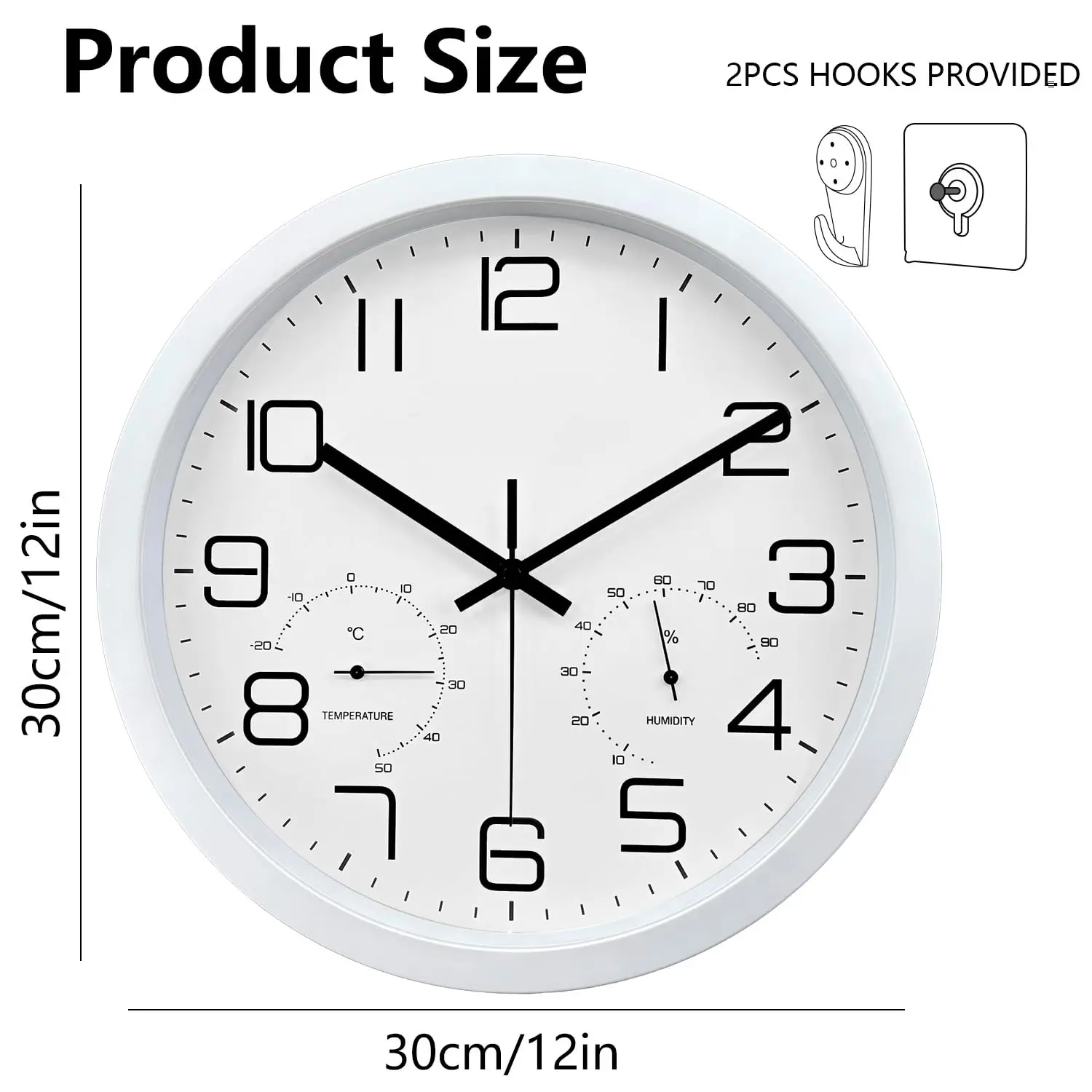12 inch Modern Wall Clock with Temperature and Humidity Display Silent Quartz Clock for Home Office Kitchen Decor Easy to Read view 5
