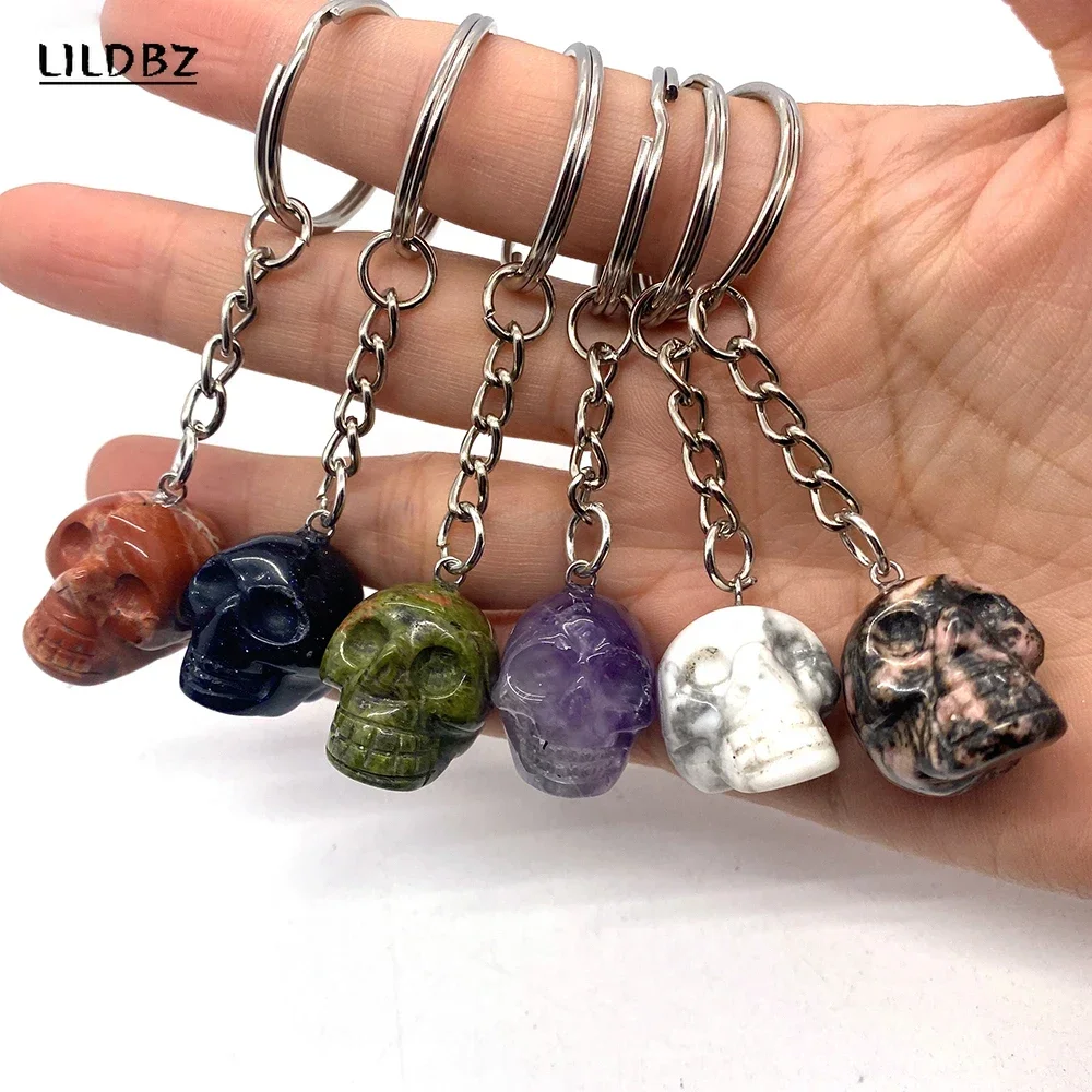 

Natural Stone Amethyst Pink Crystal Keychain Pendant 18x24mm Skull Charm Keychain Halloween Christmas Gifts for Women and Men