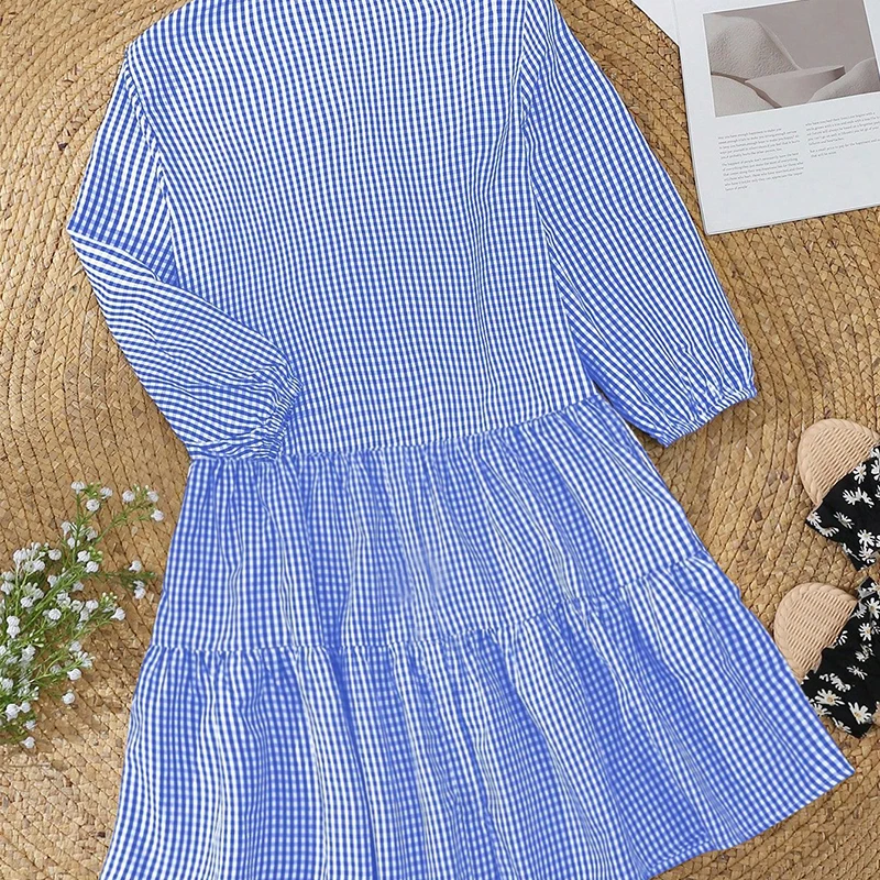 Mini abito da spiaggia estivo da donna elegante Abito estivo scozzese azzurro con bottoni Abiti corti con orlo arricciato per le vacanze casual