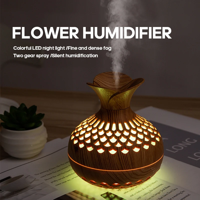 

Vase Aromatherapy Diffuser 300ml Wood Grain Portable Air Humidifier Essential Oil Diffuser Sprayer Ultrasonic Atomizer RGB Lamp