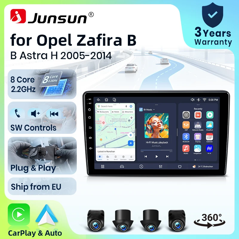 Autoradio Junsun 8 cœurs 4G WiFi pour Opel Zafira B Astra H 2005 2006 - 2014, écran IPS, CarPlay, Android Auto, GPS, Navi, stéréo, SWC, BT, FM, AM, RDS, DSP, 2Din, Mirror Link, lecteur multimédia, commande vocale AI, caméra 360, mise à jour OTA en option, unité principale