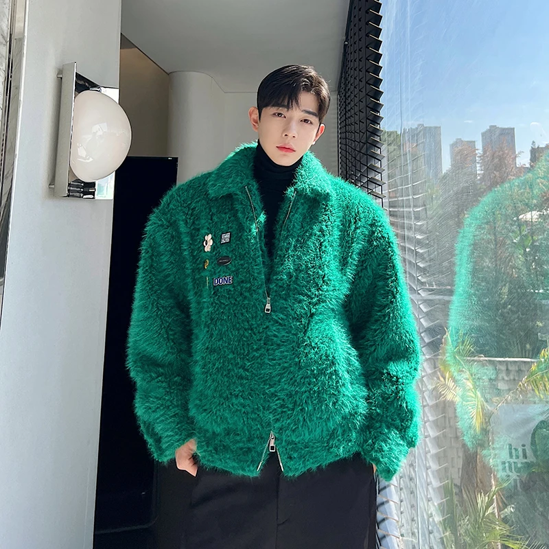 

Lamb Fur Jaet Men's Loose Trendy Chest Pin Design Warm Sli Korean Version Spring Autumn Season Long Sve Zipper Closure