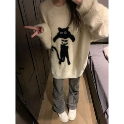 MEXZT Y2K Cartoon Sweater Women Harajuku Oversized Knitted Pullovers Preppy Cat Print Knitwear Winter Korean Long Sleeve Jumpers